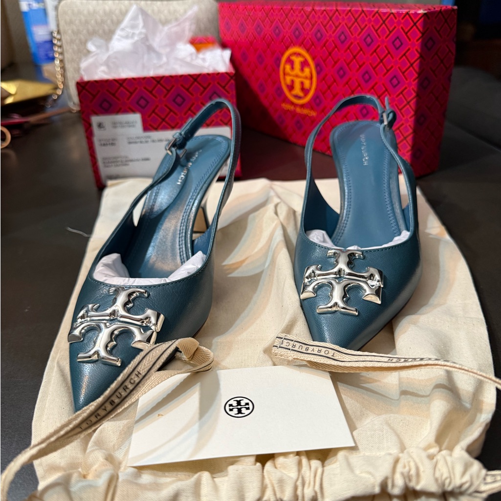 Tory Burch Blue Slingback Heels With Silver Logo